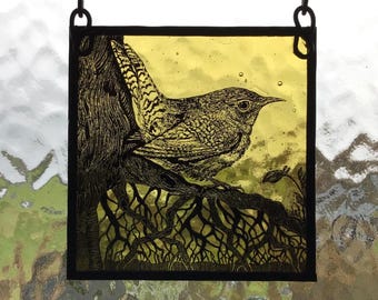 Summer Wren and Wildflower,  etched stained glass panel