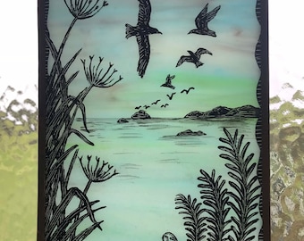 Soaring Seagulls, hand painted and etched stained glass window panel