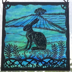 Hare with Fields and Ferns, hand painted and etched stained glass window panel