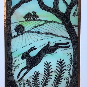 Joyful Hare, hand painted and etched stained glass window panel