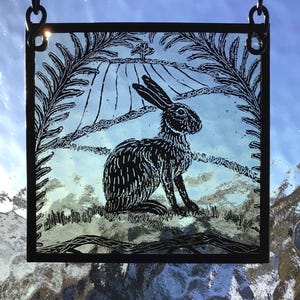 Hare and Ferns, etched stained glass window panel