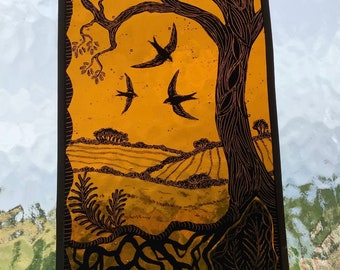 Summer Swifts, hand painted and etched stained glass panel