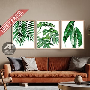 Tropical Green Leaf Wall Art Prints, Set of 3 Prints, Watercolor Green Leaf Print, Botanical Wall Art, Printable Wall Art, Digital Download image 1