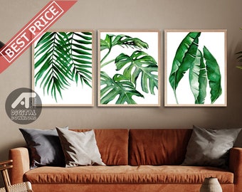 Tropical Green Leaf Wall Art Prints, Set of 3 Prints, Watercolor Green Leaf Print, Botanical Wall Art, Printable Wall Art, Digital Download