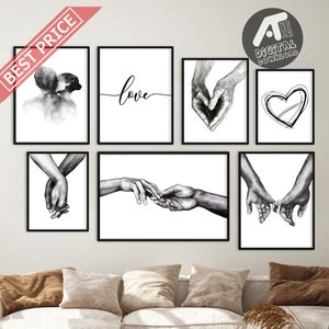 Händchenhalten Wandkunst, Paar Liebe Wandkunst Set, schwarz und weiß Kunst, Schlafzimmer Wanddekor, Galerie Wand Set, druckbare Wandkunst