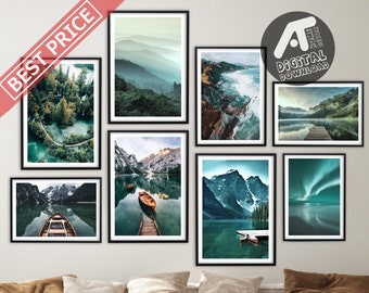 Landscape Wall Art Prints, Nature Photography, Blue Lake, Green Forest Mountain, Unique Wall Decor, Gallery Wall Set, Digital Download