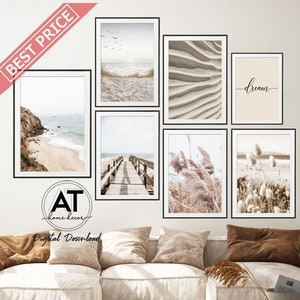 Beige Beach Landscape Wall Art Print, Beach Coastal Reed Grass Sand Photography, Modern Wall Art, Printable Wall Art, Gallery Wall Set