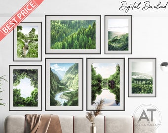 Landscape Wall Art Prints, Green Nature Photography, Green Forest Mountain Lake Print, Wall Decor, Printable Wall Art, Gallery Wall Set