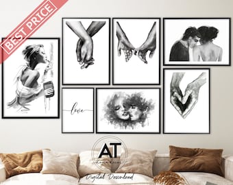 Holding Hands Print, Hands Drawing Print, Holding Hands Art, Couple and Woman Sketch, Gallery Wall Art, Printable Wall Art, Digital Download