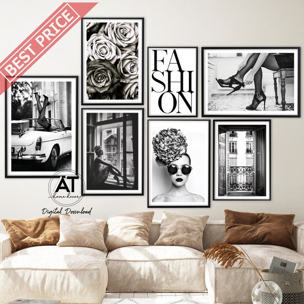 Impresiones de arte de pared de moda, fotografía de moda en blanco y negro, impresión de tacones altos, decoración de la pared del dormitorio, arte de pared imprimible, conjunto de pared de la galería 10