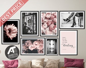 Fashion Wall Art Prints, Black White and Pink Flower Fashion Photography, Bedroom Wall Decor, Printable Wall Art, Gallery Wall Art 02