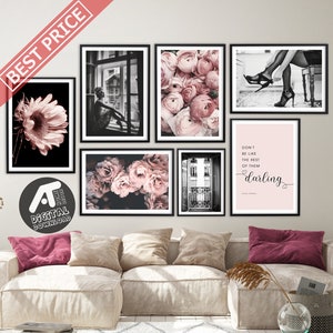 Fashion Wall Art Prints, Black White and Pink Flower Fashion Photography, Bedroom Wall Decor, Printable Wall Art, Gallery Wall Art 02