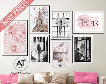 Fashion Wall Art Prints, Fashion Woman Photography, Paris Eiffel Tower, Black White Pink Wall Art, Printable Wall Art, Gallery Wall Set 03