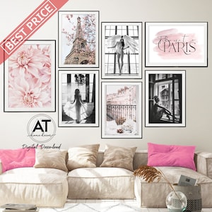 Fashion Wall Art Prints, Fashion Woman Photography, Paris Eiffel Tower, Black White Pink Wall Art, Printable Wall Art, Gallery Wall Set 03
