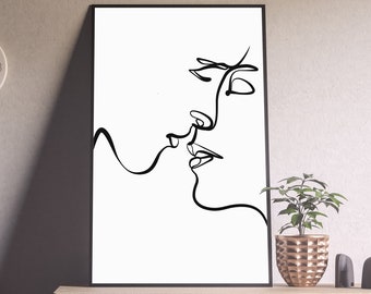 Couple Line Art Print, Abstract Couple Kissing Print, Couple Line Drawing Poster, Couple Wall Art, Printable Wall Art, Digital Download #08