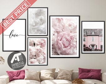 Flower Wall Art Print, Blush Pink Flower and White Feather Wall Art, Peony Photography Wall Decor, Printable Wall Art, Gallery Wall Art 09