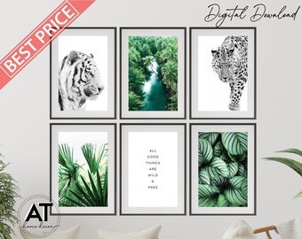 Nature Wall Art Prints, Tropical Wall Art, Black and White Leopard Tiger, Green Palm Calathea Leaf, Printable Wall Art, Gallery Wall Set 11