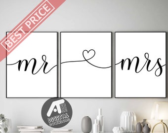 Mr and Mrs Print, Mr and Mrs Sign, Set of 3 Prints, Wedding Sign, Love Heart Print, Digital Printable Wall Art, Instant Digital Download