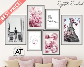 Black and White Pink Fashion Photography Wall Art, Peony Print, Eiffel Tower Paris Poster, Set of 6 Printable Wall Art, Gallery Wall Set 07