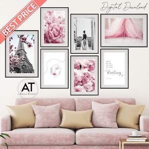 Black and White Pink Fashion Photography Wall Art, Paris Eiffel Tower Print, Wedding Decor, Set of 7 Printable Wall Art, Gallery Wall Art 08
