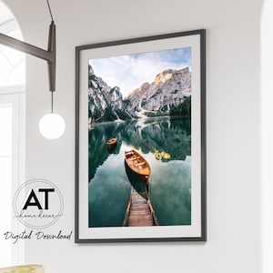 Lake Print, Boat On The Lake In Mountain Print, Nature Landscape Photography Print, Digital Printable Wall Art, Instant Digital Download, 10