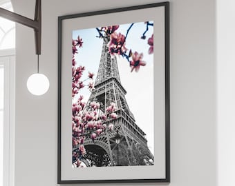 Eiffel Tower Wall Art Print, Paris Photography Print, Pink Flower Home Decor, Travel Wall Art, Bedroom Wall Decor, Printable Wall Art