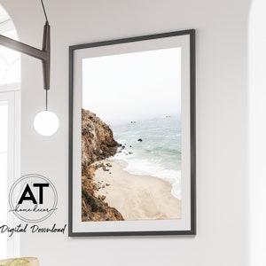 Beige Coastal Seascape Print, Beach Landscape Wall Art, Mountain Sand Print, Beige Neutral Photography, Printable Wall Art, Digital Download