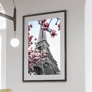 Eiffel Tower Wall Art Print, Paris Photography Print, Pink Flower Home Decor, Travel Wall Art, Bedroom Wall Decor, Printable Wall Art