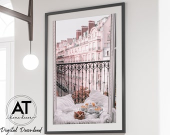 Pink Paris Photography Wall Art Print, French Parisian Window, Morning in Paris Photo Print Poster, Printable Wall Art, Digital Download