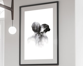 Couple Wall Art Print, Abstract Couple Poster, Black And White Watercolor Art, Bedroom Wall Art, Printable Wall Art, Digital Download #05