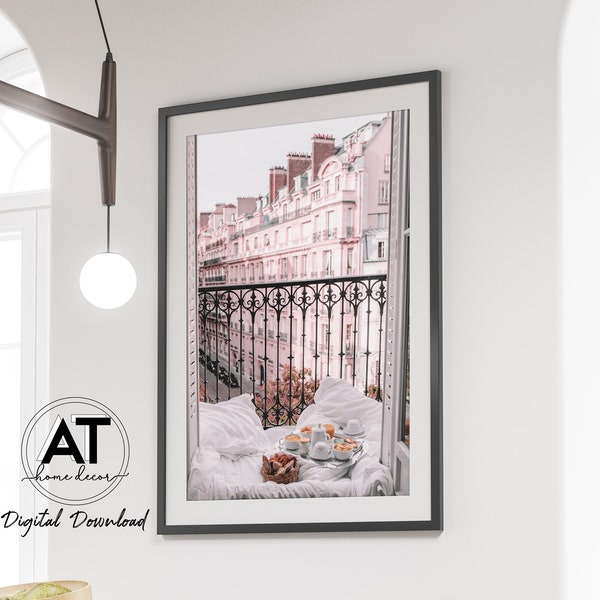 Pink Paris Photography Wall Art Print, French Parisian Window, Morning in Paris Photo Print Poster, Printable Wall Art, Digital Download