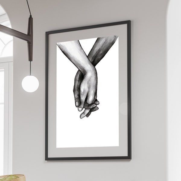 Tenir les mains Wall Art, Tenir les mains impression, dessin de mains noir et blanc, impression de cadeau de mariage, Art mural imprimable, téléchargement numérique #02