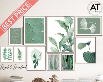 Green Botanical Wall Art Prints Set, Green Leaves Wall Art, Tropical Leaves Print Set, Boho Decor, Printable Wall Art, Gallery Wall Set