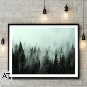 Green Foggy Pine Forest Print, Nature Foggy Forest Landscape, Pine Tree Mountain Art Print Poster, Printable Wall Art, Digital Download #7