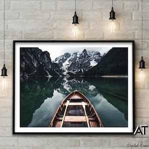 Lake Print, Boat On The Lake In Mountain Print, Nature Landscape Photography Print, Digital Printable Wall Art, Instant Digital Download, 11