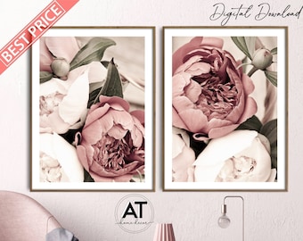 Pink Peonies Flower Wall Art Print, Pink Peony Wall Art, Floral Wall Art, Set of 2 Photo Print Poster, Printable Wall Art, Digital Download