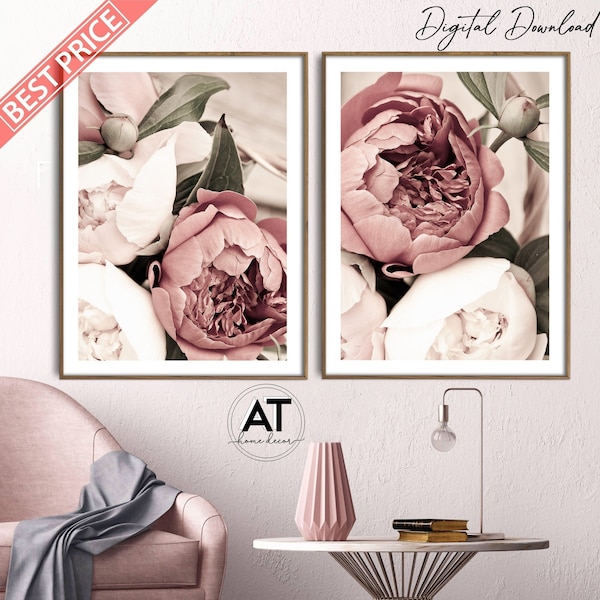 Pink Peonies Flower Wall Art Print, Pink Peony Wall Art, Floral Wall Art, Set of 2 Photo Print Poster, Printable Wall Art, Digital Download