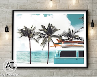 Blue Retro Bus Wall Art, Blue Retro Van Print, Tropical Beach Wall Art, Beach Decor, Coastal Decor, Printable Wall Art, Digital Download #06