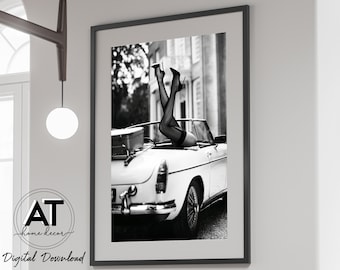 High Heels in Classic Car Poster, Black and White Fashion Photography, Fashion Wall Art Print, Printable Wall Art, Digital Download #07-01