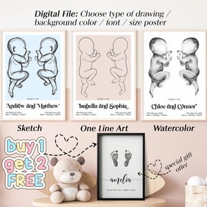 Benutzerdefinierte Neugeborenen Geburtsposter im Maßstab 1: 1, personalisierte Zwilling Baby Poster, Kinderzimmer Dekor, Skizze, One Line Art, Aquarell, DIGITALE DATEI