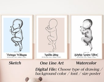 Aangepaste pasgeboren geboorteposter geschaald 1:1, gepersonaliseerde babyposter, decor van de kinderkamer, geboortecadeau, schets, één lijnkunst, aquarel, digitaal bestand