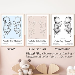Custom Newborn Birth Poster Scaled 1:1, Personalised Twin Baby Poster, Nursery Decor, Sketch, One Line Art, Watercolor, DIGITAL FILE