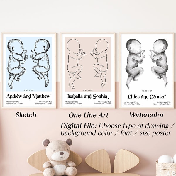 Affiche de naissance nouveau-né personnalisée à l'échelle 1:1, affiche personnalisée de bébé jumeau, décor de chambre d'enfant, croquis, dessin au trait, aquarelle, fichier numérique
