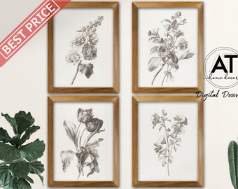Vintage Botanical Sketch Prints, Set of 4 Prints, Botanical Print, Antique Illustration Flower Print, Printable Wall Art, Digital Download A