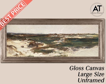 Panoramic Vintage Seascape Oil Painting Wall Art, Long Horizontal Landscape Print, Large Panorama Wall Art, Canvas Print, Printed on Canvas