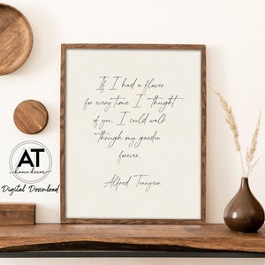 May include: A printable wall art quote in a white frame. The quote reads "If I had a flower for every time I thought of you. I could walk through my garden forever."  The quote is attributed to Alfred Tennyson.