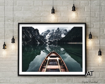 Lake Print, Boat On The Lake In Mountain Print, Nature Landscape Photography Print, Digital Printable Wall Art, Instant Digital Download, 11