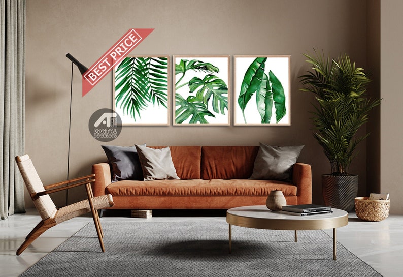 Tropical Green Leaf Wall Art Prints, Set of 3 Prints, Watercolor Green Leaf Print, Botanical Wall Art, Printable Wall Art, Digital Download image 1