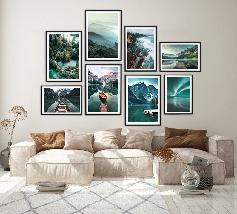Landscape Wall Art Prints, Nature Photography, Blue Lake, Green Forest Mountain, Unique Wall Decor, Gallery Wall Set, Digital Download image 2