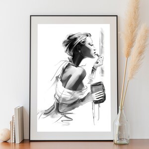Może przedstawiać: Czarno-biała ilustracja kobiety nakładającej szminkę. Ma na sobie białą koszulę i związane włosy.
